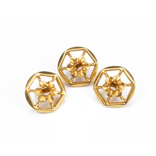 47 - A SET OF THREE HIGH CARAT YELLOW GOLD DRESS SHIRT BUTTONS, MID 20TH CENTURY. Of hexagonal form with ... 