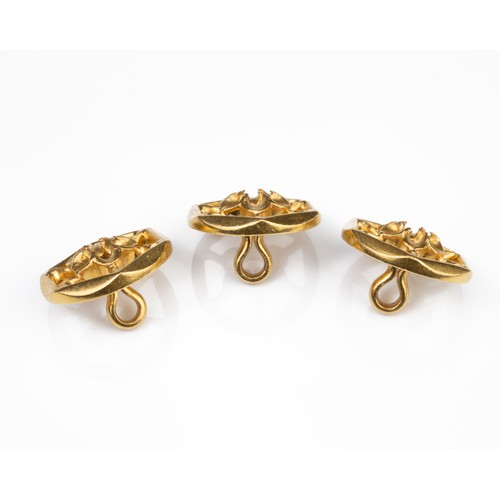 47 - A SET OF THREE HIGH CARAT YELLOW GOLD DRESS SHIRT BUTTONS, MID 20TH CENTURY. Of hexagonal form with ... 