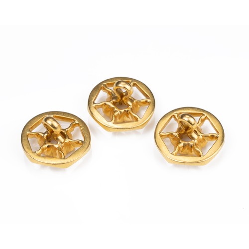 47 - A SET OF THREE HIGH CARAT YELLOW GOLD DRESS SHIRT BUTTONS, MID 20TH CENTURY. Of hexagonal form with ... 