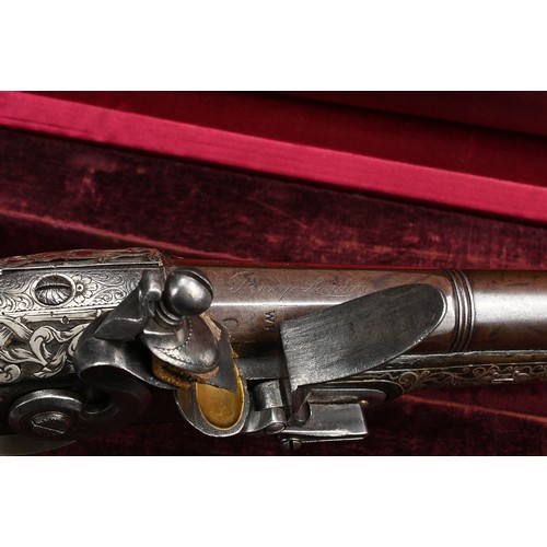 76 - A FINE PAIR OF SILVER INLAID FLINTLOCK PISTOLS BY PERRY, LONDON CIRCA 1780. Profusely inlaid with sc... 