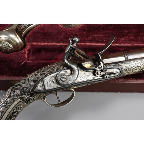 76 - A FINE PAIR OF SILVER INLAID FLINTLOCK PISTOLS BY PERRY, LONDON CIRCA 1780. Profusely inlaid with sc... 