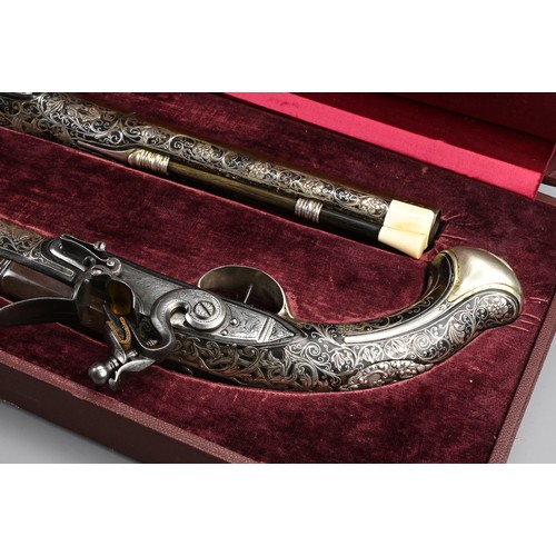 76 - A FINE PAIR OF SILVER INLAID FLINTLOCK PISTOLS BY PERRY, LONDON CIRCA 1780. Profusely inlaid with sc... 