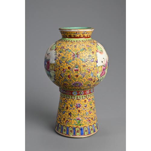 168 - A CHINESE FAMILLE ROSE YELLOW GROUND PORCELAIN VASE, LATE 20TH CENTURY. Globular section on raised s... 