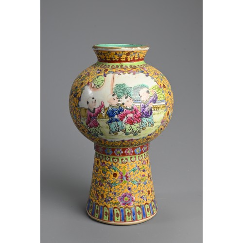 168 - A CHINESE FAMILLE ROSE YELLOW GROUND PORCELAIN VASE, LATE 20TH CENTURY. Globular section on raised s... 