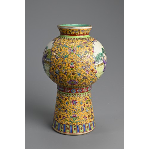 168 - A CHINESE FAMILLE ROSE YELLOW GROUND PORCELAIN VASE, LATE 20TH CENTURY. Globular section on raised s... 