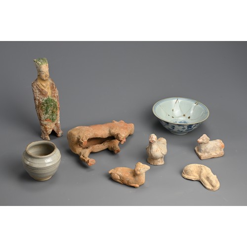 175 - A GROUP OF EARLY CHINESE CERAMICS, TANG TO MING DYNASTY. To include five pottery animal figures; A L... 