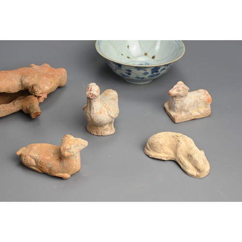 175 - A GROUP OF EARLY CHINESE CERAMICS, TANG TO MING DYNASTY. To include five pottery animal figures; A L... 