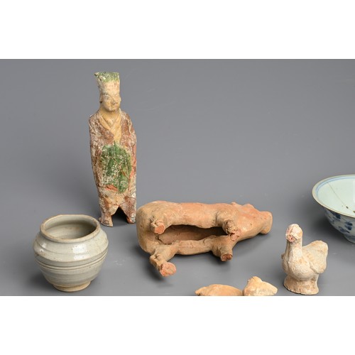 175 - A GROUP OF EARLY CHINESE CERAMICS, TANG TO MING DYNASTY. To include five pottery animal figures; A L... 