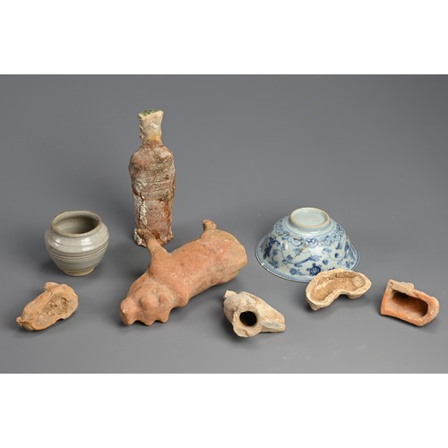 175 - A GROUP OF EARLY CHINESE CERAMICS, TANG TO MING DYNASTY. To include five pottery animal figures; A L... 