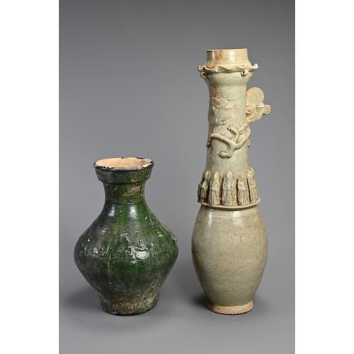 185 - A CHINESE GREEN GLAZED JAR AND QINGBAI FUNERARY JAR, HAN AND SONG DYNASTY. The green glazed jar with... 