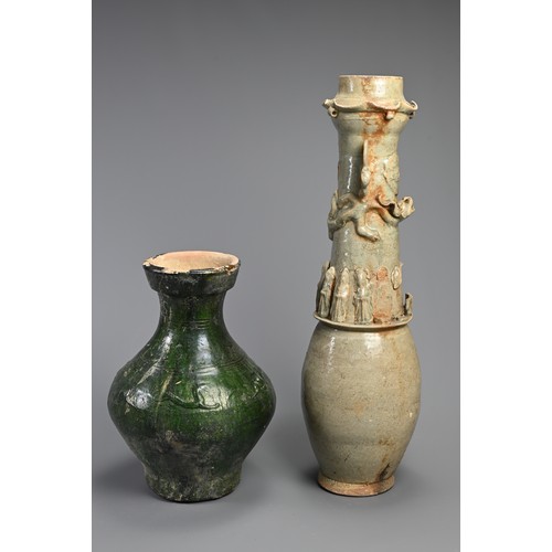 185 - A CHINESE GREEN GLAZED JAR AND QINGBAI FUNERARY JAR, HAN AND SONG DYNASTY. The green glazed jar with... 