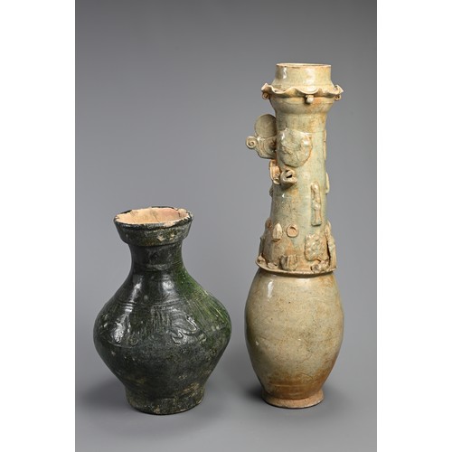 185 - A CHINESE GREEN GLAZED JAR AND QINGBAI FUNERARY JAR, HAN AND SONG DYNASTY. The green glazed jar with... 