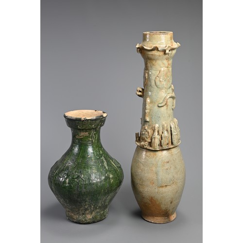 185 - A CHINESE GREEN GLAZED JAR AND QINGBAI FUNERARY JAR, HAN AND SONG DYNASTY. The green glazed jar with... 