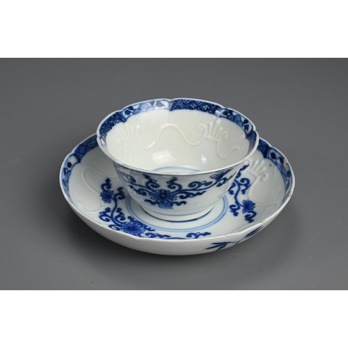 190 - A EUROPEAN BLUE AND WHITE PORCELAIN CUP AND SAUCER, 18/19TH CENTURY. Lobed and moulded cup and sauce... 