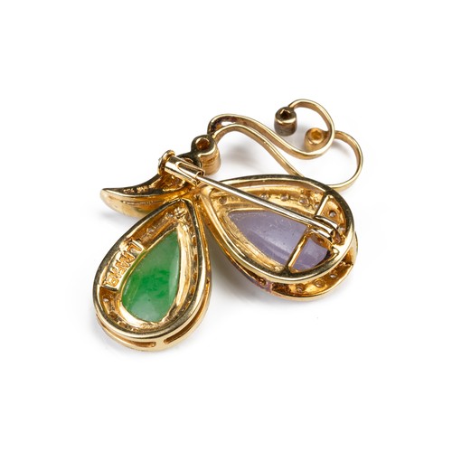 60 - AN 18CT YELLOW GOLD JADEITE AND DIAMOND BUTTERFLY BROOCH. Green and lavender jade inserts forming th... 