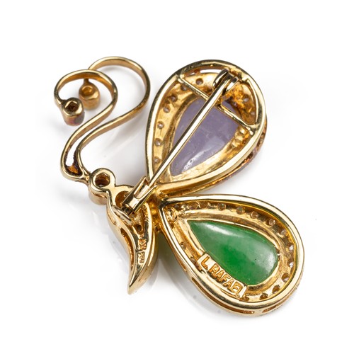 60 - AN 18CT YELLOW GOLD JADEITE AND DIAMOND BUTTERFLY BROOCH. Green and lavender jade inserts forming th... 