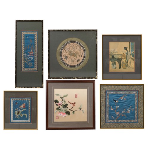 273 - FIVE CHINESE FRAMED SILK EMBROIDERIES AND A PRINT. Comprising: a figure on a bridge before a pavilio... 