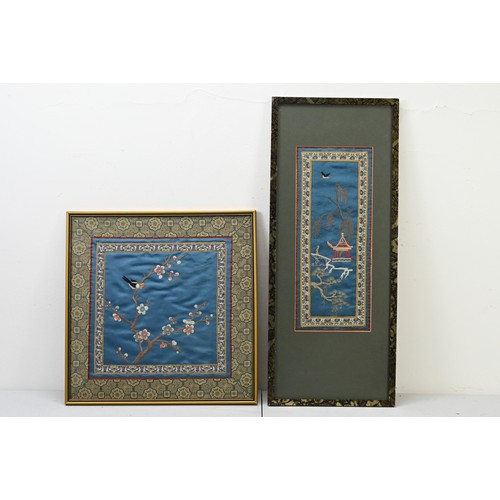 273 - FIVE CHINESE FRAMED SILK EMBROIDERIES AND A PRINT. Comprising: a figure on a bridge before a pavilio... 