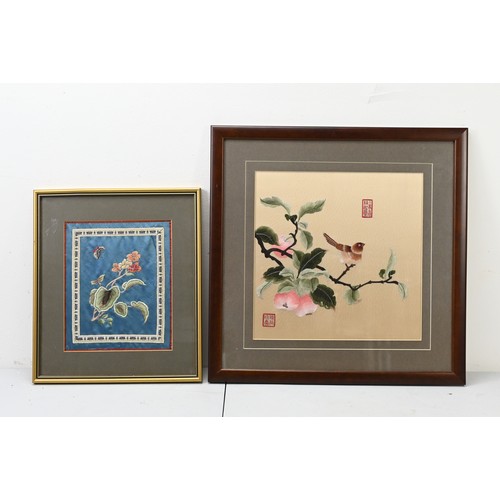 273 - FIVE CHINESE FRAMED SILK EMBROIDERIES AND A PRINT. Comprising: a figure on a bridge before a pavilio... 