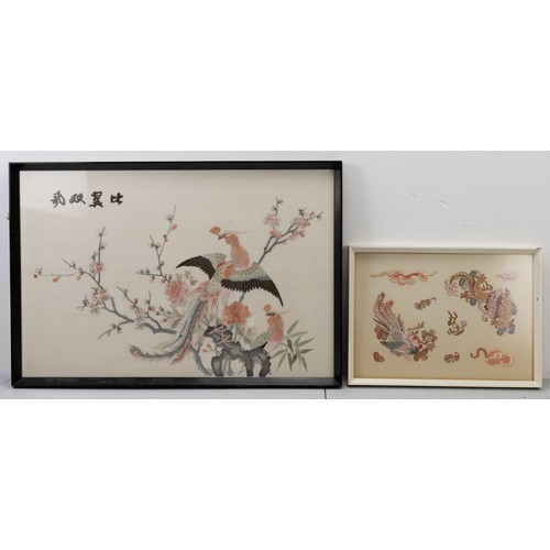 278 - TWO 20TH CENTURY CHINESE FRAMED SILK EMBROIDERIES. The first depicting a pheasant amongst flowering ... 