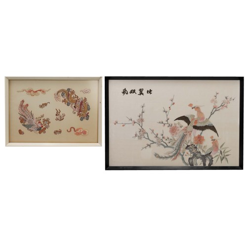 278 - TWO 20TH CENTURY CHINESE FRAMED SILK EMBROIDERIES. The first depicting a pheasant amongst flowering ... 