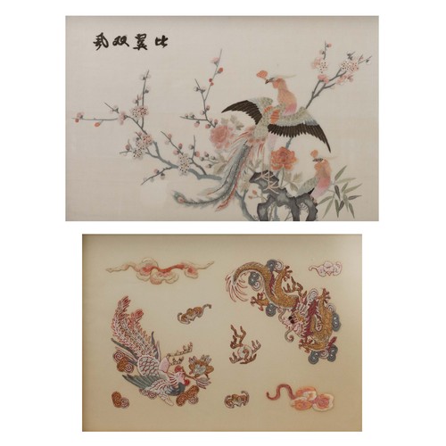 278 - TWO 20TH CENTURY CHINESE FRAMED SILK EMBROIDERIES. The first depicting a pheasant amongst flowering ... 