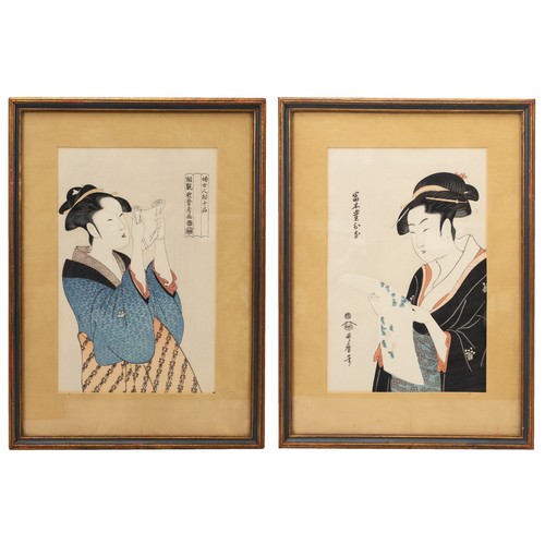 275 - A PAIR OF JAPANESE WOODBLOCK PRINTS, AFTER KITAGAWA UTAMARO (1754-1806). The first, Woman Reading a ... 