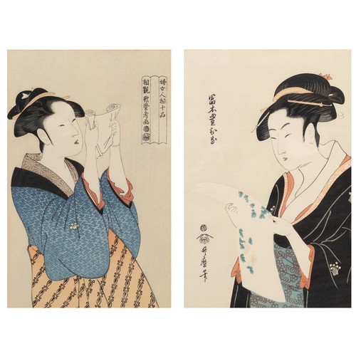 275 - A PAIR OF JAPANESE WOODBLOCK PRINTS, AFTER KITAGAWA UTAMARO (1754-1806). The first, Woman Reading a ... 