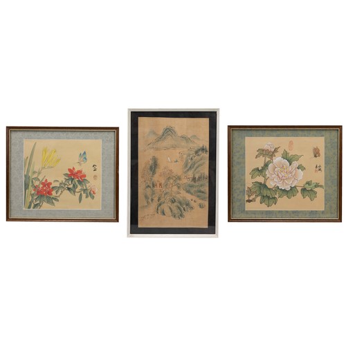 284 - THREE 20TH CENTURY FRAMED CHINESE SILK PAINTINGS. The first depicting a figure in a boat on a lake i... 