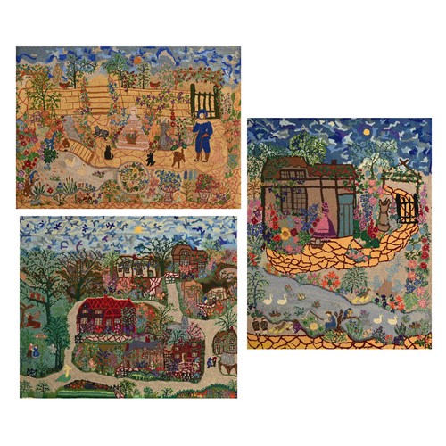 244 - THREE EARLY 20TH CENTURY WOOL WORK AND SILK EMBROIDERED PICTURES. Depicting a couple in landscape wi... 