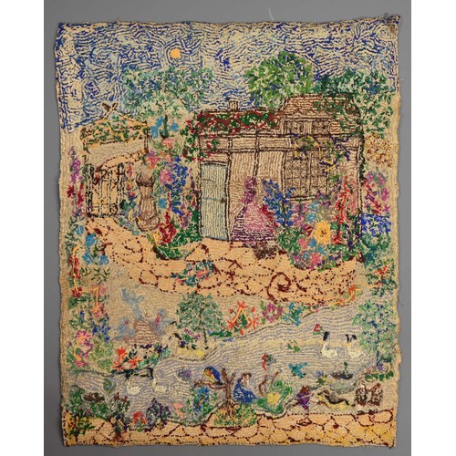 244 - THREE EARLY 20TH CENTURY WOOL WORK AND SILK EMBROIDERED PICTURES. Depicting a couple in landscape wi... 