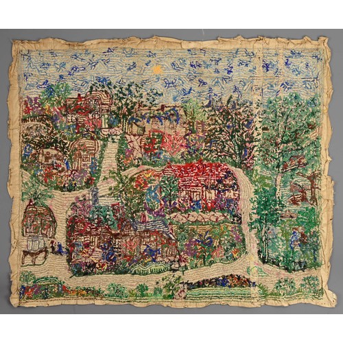 244 - THREE EARLY 20TH CENTURY WOOL WORK AND SILK EMBROIDERED PICTURES. Depicting a couple in landscape wi... 