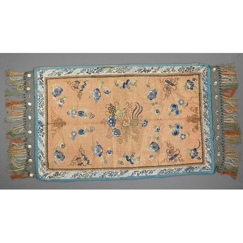 233 - A CHINESE QING DYNASTY EMBROIDERED SILK TASSELLED SHAWL. Embroidered in coloured and gold threads wi... 