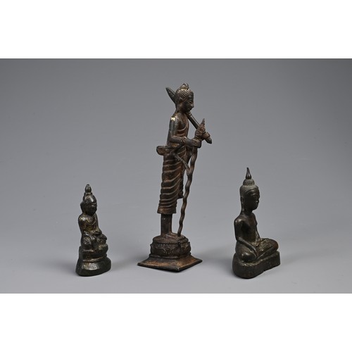 209 - THREE SOUTH EAST ASIAN BRONZE MODELS OF BUDDHAS. Comprising: a buddha Shakyamuni, Laos, seated in dh... 