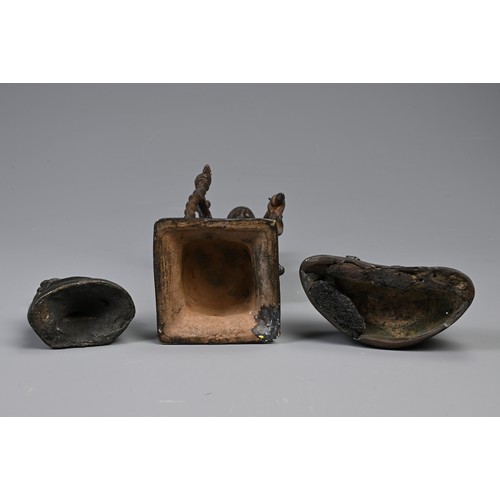 209 - THREE SOUTH EAST ASIAN BRONZE MODELS OF BUDDHAS. Comprising: a buddha Shakyamuni, Laos, seated in dh... 