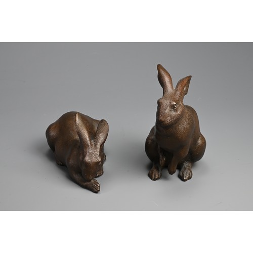 308 - A PAIR OF JAPANESE BRONZE OKIMONO OF HARES, USAGI, EARLY 20TH CENTURY. Naturalistically modelled in ... 