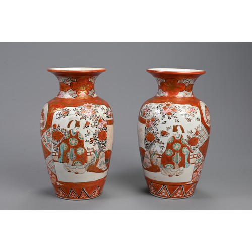 310 - A PAIR OF JAPANESE KUNTANI WARE PORCELAIN VASES, EARLY 20TH CENTURY. Decorated with figures and peac... 