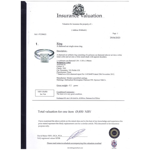 69 - A PLATINUM AND 1.04CT PRINCESS CUT DIAMOND RING, WITH GIA CERT AND INSURANCE VALUATION. Solitaire ri... 