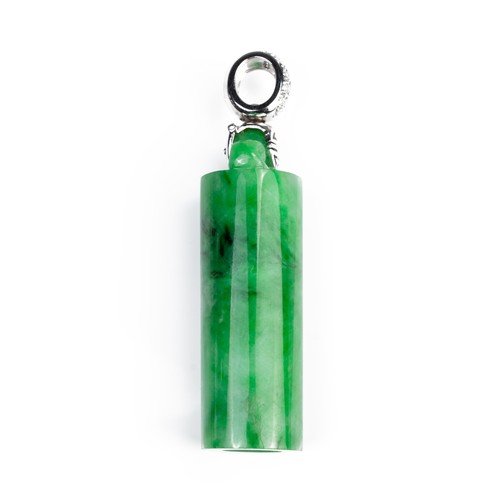 59 - A CHINESE JADEITE HAT PENDANT, MOUNTED IN 18CT WHITE GOLD WITH DIAMONDS. The jadeite of cylindrical ... 