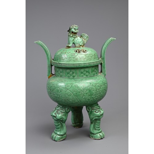 165 - A LARGE CHINESE GREEN GLAZED PORCELAIN TRIPOD CENSER AND COVER, 19/20TH CENTURY. Raised on three myt... 