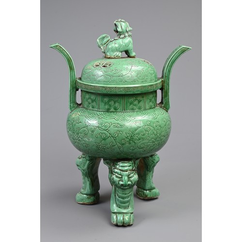 165 - A LARGE CHINESE GREEN GLAZED PORCELAIN TRIPOD CENSER AND COVER, 19/20TH CENTURY. Raised on three myt... 