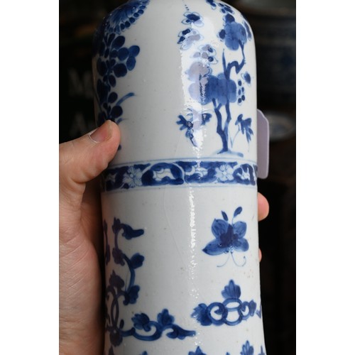 89 - A CHINESE BLUE AND WHITE PORCELAIN VASE, EARLY 18TH CENTURY. Cylindrical body on gently everted foot... 