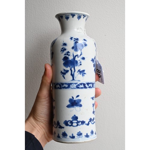 89 - A CHINESE BLUE AND WHITE PORCELAIN VASE, EARLY 18TH CENTURY. Cylindrical body on gently everted foot... 