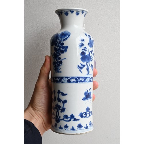 89 - A CHINESE BLUE AND WHITE PORCELAIN VASE, EARLY 18TH CENTURY. Cylindrical body on gently everted foot... 