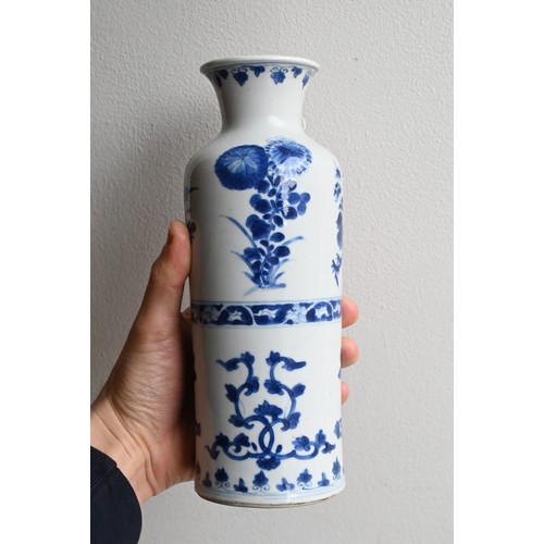 89 - A CHINESE BLUE AND WHITE PORCELAIN VASE, EARLY 18TH CENTURY. Cylindrical body on gently everted foot... 