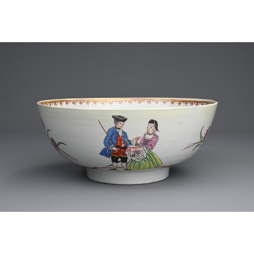 6 - A CHINESE FAMILLE ROSE SAILOR'S FAREWELL AND RETURN PORCELAIN BOWL, 18TH CENTURY. Decorated in ename... 