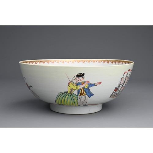 6 - A CHINESE FAMILLE ROSE SAILOR'S FAREWELL AND RETURN PORCELAIN BOWL, 18TH CENTURY. Decorated in ename... 