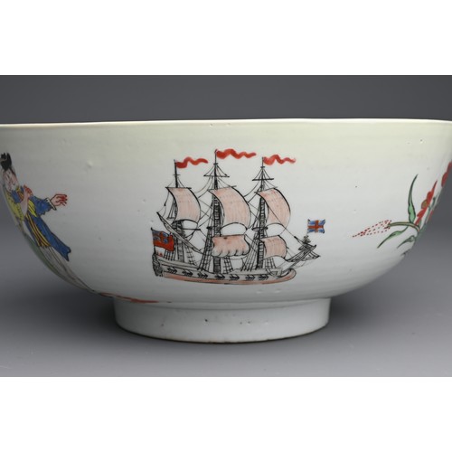 6 - A CHINESE FAMILLE ROSE SAILOR'S FAREWELL AND RETURN PORCELAIN BOWL, 18TH CENTURY. Decorated in ename... 