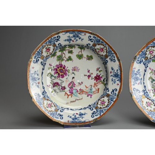 58 - A PAIR OF CHINESE FAMILLE ROSE PORCELAIN OCTAGONAL BOWLS, 18TH CENTURY. Decorated with vibrant ename... 