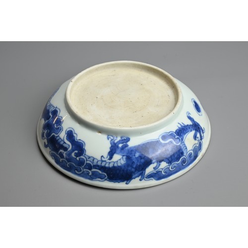 59 - A CHINESE BLUE AND WHITE PORCELAIN DISH, 18TH CENTURY. With rounded sides and rolled rim decorated w... 